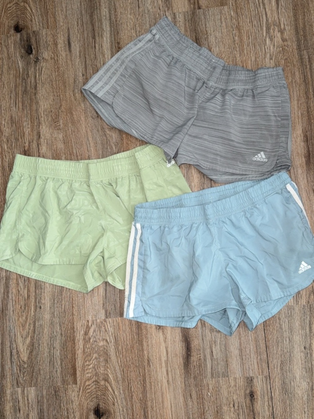 adidas Three-Pack Athletic Shorts in Gray, Light Blue, Mint Green